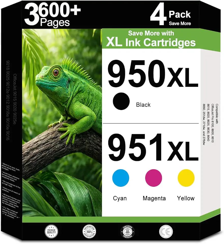 950XL 951XL Combo Compatible for HP 950 951 XL Ink Cartridge Work for OfficeJet Pro 8640 8660 8100 8110 8600 8610 8615 8620 8625 8630 Printers with V27.1.1 Chips (Black, Cyan, Magenta, Yellow, 4-Pack)