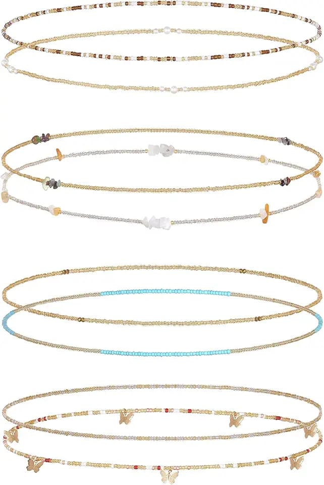 Tornito 8Pcs 31.5 Inches African Waist Bead Chain Elastic Belly Beads Butterfly Shell Layered Body Chain Colorful Jewelry Accessories for Women
