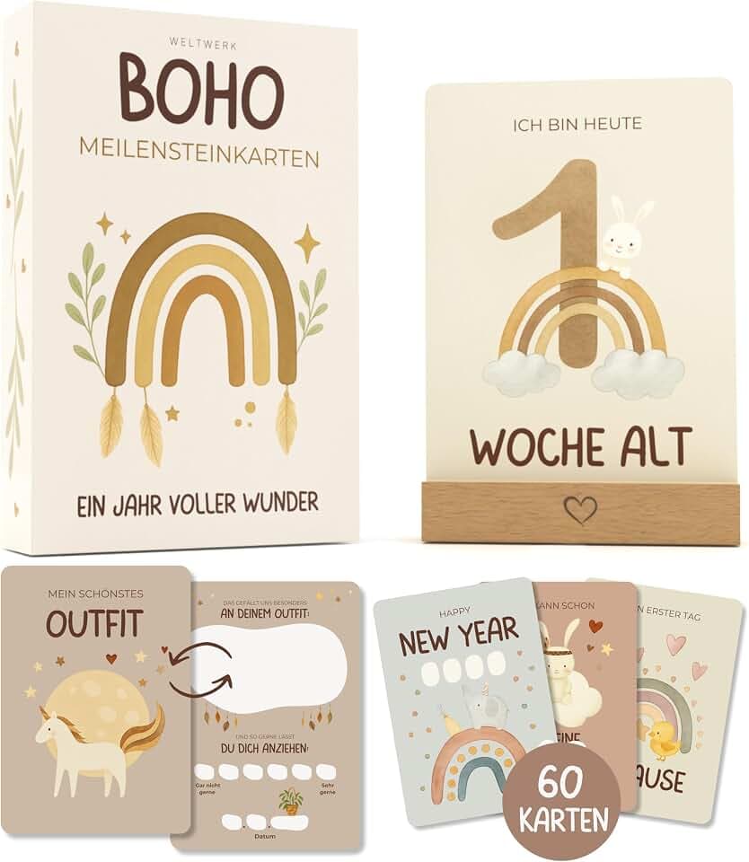 Meilensteinkarten Baby [Boho] 60 Monatskarten mit beschreibbaren Rückseiten – inkl. Geschenkbox und Holzaufsteller – Geschenk zur Schwangerschaft, Babyshower und Geburt