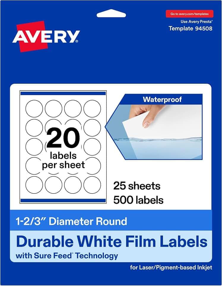 Avery Printable Durable White Round Labels, Sure Feed Technology, 1-2/3" Diameter, Print-to-the-Edge, Waterproof Labels, Laser & Pigment-Based Inkjet Compatible, 500 Total