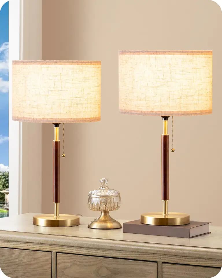 EDISHINE 2Pack Modern Mid Century Table Lamp, Pull Chain Switch, Metal Base