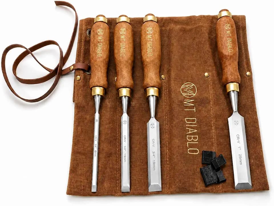 Mt Diablo Woodworking Tools 4 Piece Chisel Set - Premium CV60 Steel Wood Chisel Sets with Ergonomic Handles, Includes 1/4" 1/2" 3/4" 1" Widths - Ideal for Woodworkers - Durable Waxed Canvas Tool Roll