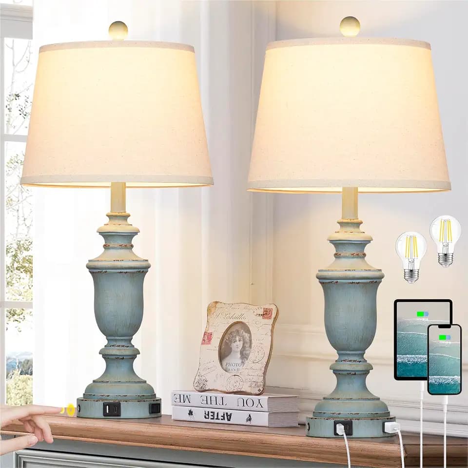 Cinkeda 25.6" Blue Table Lamps Set of 2 with USB C+A Ports & AC Outlet for Coastal Living Room Bedroom,3-Way Dimmable Farmhouse Touch Lamp Bedside Lamps for Nightstand,Retro Blue