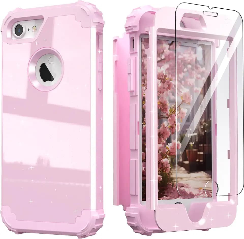 IDweel for iPhone 8 Case & for iPhone 7 Case with Screen Protector(Tempered Glass),3 in 1 Shockproof Hybrid Heavy Duty Hard PC Cover Soft Silicone Sturdy Bumper Full Body Sturdy Case,Glitter Pink
