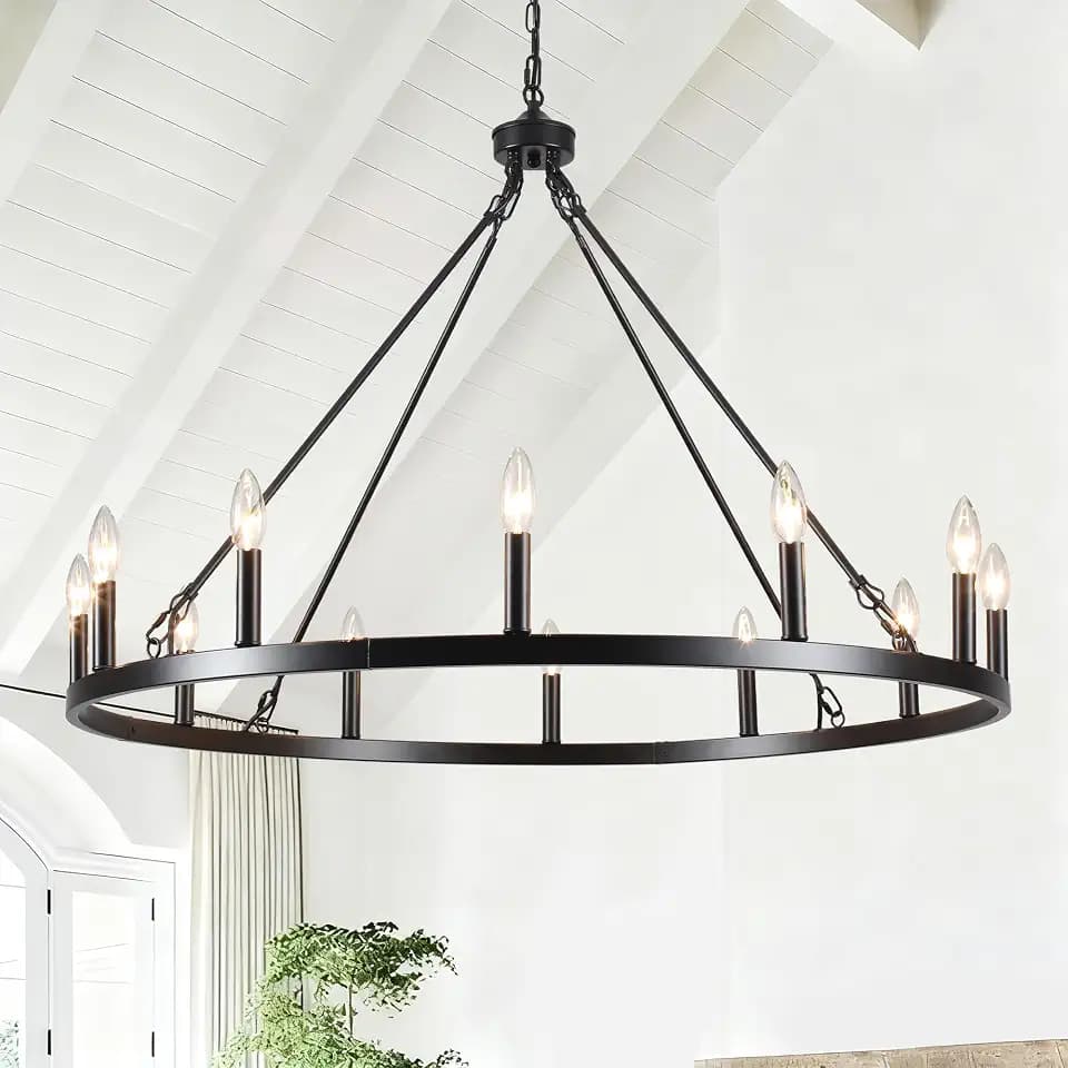 Black Wagon Wheel Chandelier 38 inch, 12-Light Round Chandeliers
