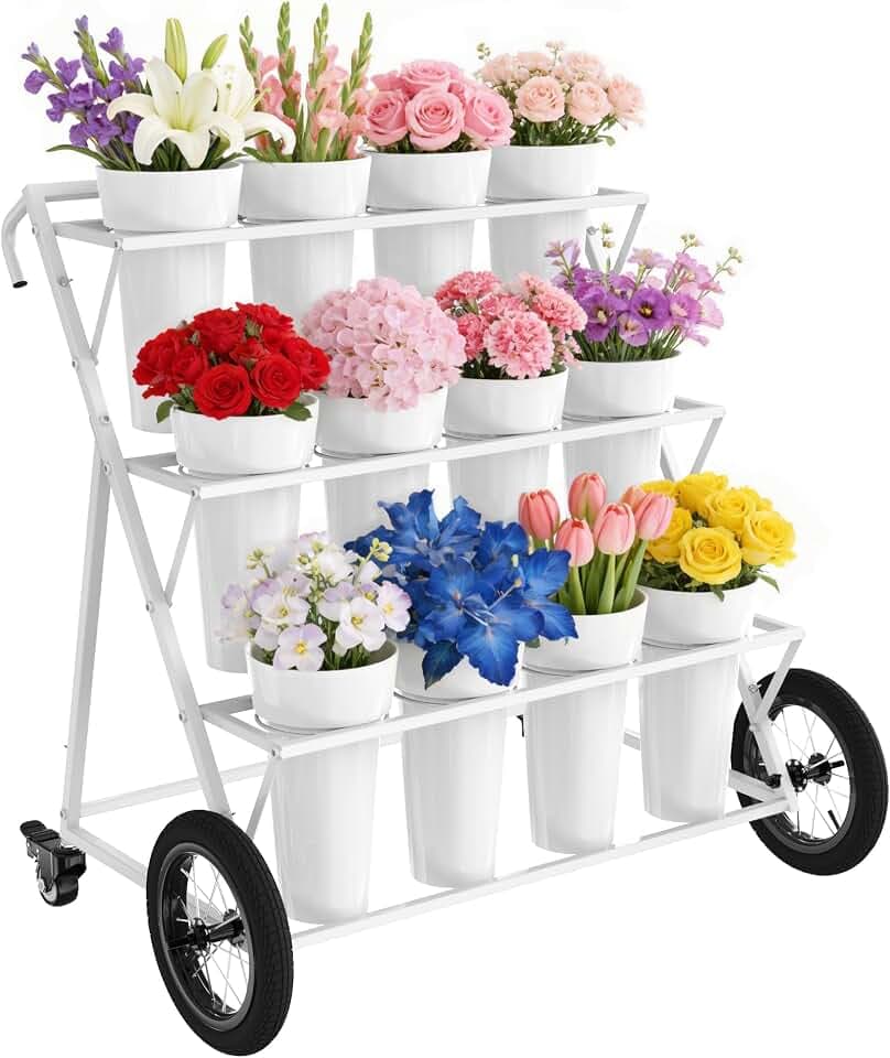 VGMiu Metal Flower Cart Display Stand with 12 Buckets Large Wheels, White