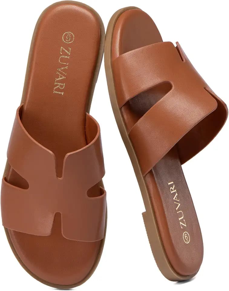Women's Flat Sandals Open Toe Leather Slippers for Summer Slip On Beach Mules Dressy Comfortable Slide Sandals