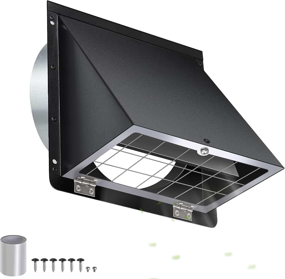 4 Inch Dryer Vent Cover Outside,Galvanized Steel Hooded Wall Vent Cover with Screen & Flap,Metal Wall Mount Exhaust Vent Cover,Exterior Dryer Vent Hood Outdoor Dryer Vent Cover for Bathroom Fan-Black