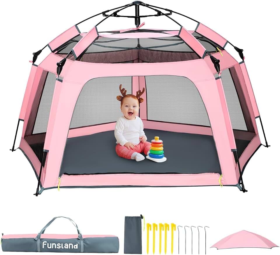 Laufstall Baby Faltbar, 8S Pop Up Zelt Kinder, Laufgitter Baby mit Belüftungsnetz und Sonnendach, 3-4 Personen,Tragbar Playpen Indoor Outdoor Für Strand, Park, Camping, Garten, Rosa