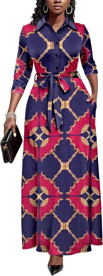 Runwind Womens Maxi Dress 3/4 Sleeve Button Down African Print Church Dress