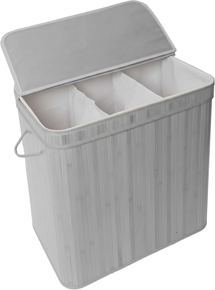 Relaxdays Wäschekorb mit Deckel, Bambus, 150 l, 3 Fächer, grau