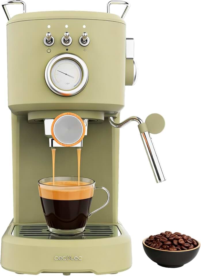 Cecotec Siebträgermaschine Power Espresso 20 Retro Green Elite, Vintage-Design, 1100 W, 20 Bar ForceAroma, Automatik-Funktion, Milchaufschäumer, 1,25 L Wassertank, Edelstahl-Tassenwärmer