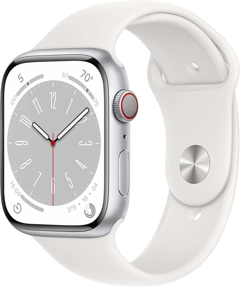 Apple Watch Series 8 [GPS + Cellular 45mm] Smart Watch w/Silver Aluminum Case with White Sport Band - M/L. Fitness Tracker, Blood Oxygen & ECG Apps, Always-On Retina Display, Water Resistant
