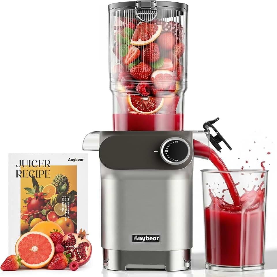 Anybear Entsafter 200W Slow Juicer mit 110 mm großem Einfüllschacht für ganze Früchte/Gemüse | Upgraded Schnecke | Tritan-Material | BPA-frei | Inkl. Saftrezepte (Silber & Orange)