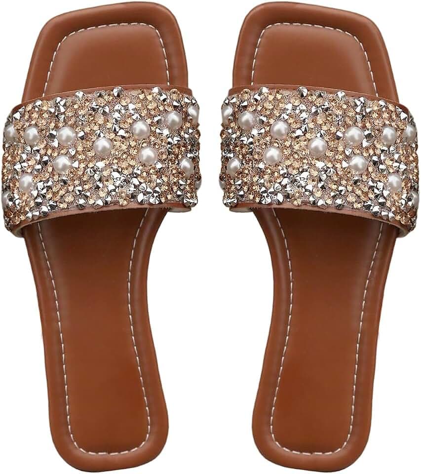 BEAUDRM Women's Sparkly Dressy Sandals Glitter Pearls Beaded Slippers