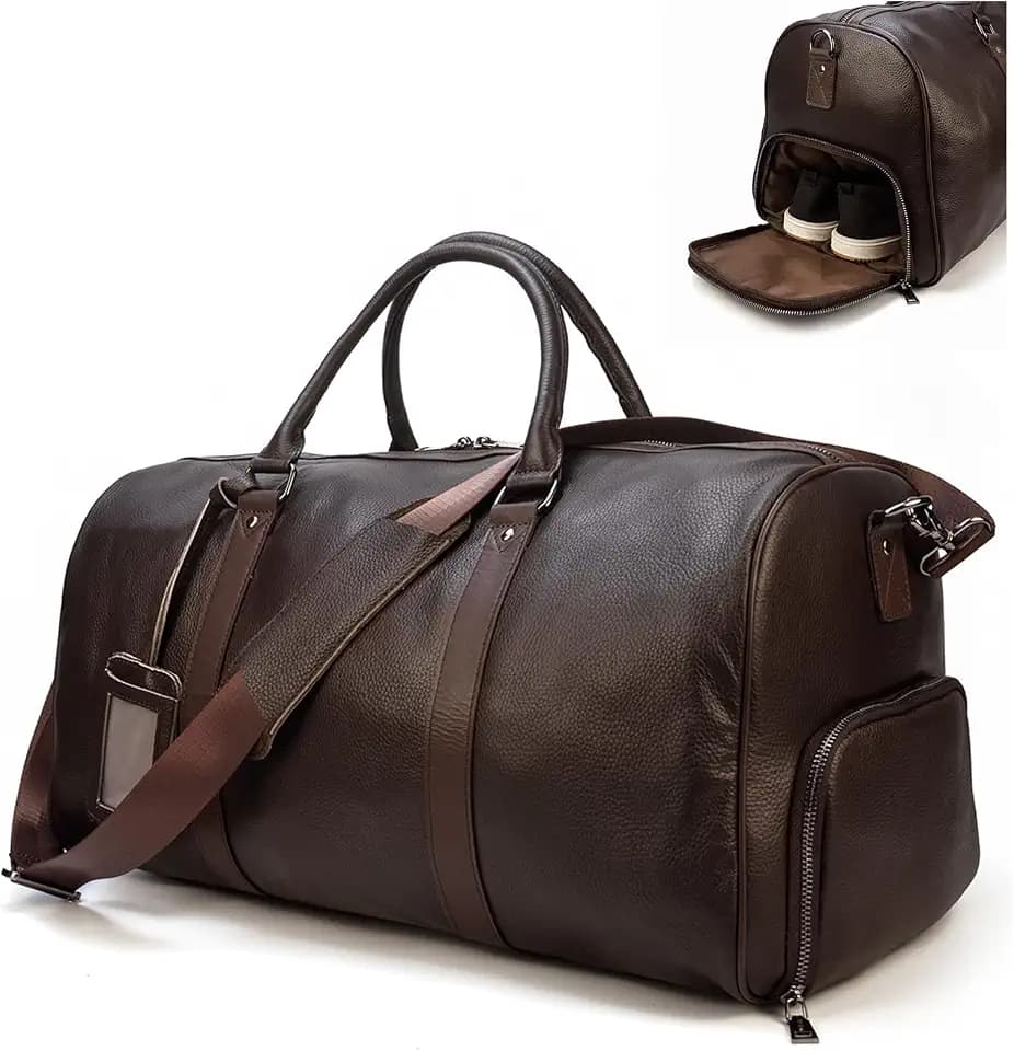 LUUFAN Leather Travel Bag Large Capacity Luggage Duffel Bag with Shoe Compartment, Men Women Weekend Shoulder Handbag for Holiday Business Trip (55cm-Brown)