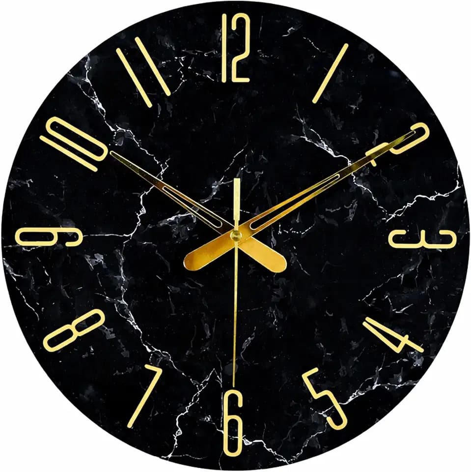 Wanduhr Modern Ohne Tickgeräus, Schwarz mit Gold, Marmor-Optik, MDF Holz Uhr für Wohnzimmer, Küche, Büro & Schlafzimmer (Schwarz)