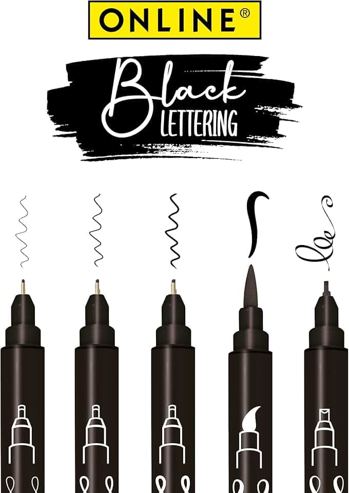 Online 5x Fineliner Schwarz wasserbeständig | mit Brush Pen, Fineliner-Spitzen und Kalligrafie-Spitze | Black Handlettering-Set | Tuschestifte für Bullet Journal, Sketchnotes & DIY Geschenke