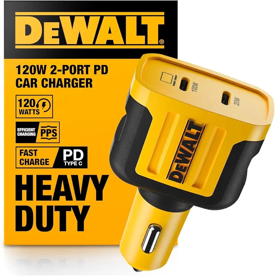 DEWALT Heavy Duty USB C Car Charger, 120W 2-Port PD 3.0 Type C Adapter, PPS Fast Charging w/Power Delivery for iPhone 17 16 15 14 13 Pro Max Mini Galaxy S22/S20/S10 Pixel iPad/iPad mini