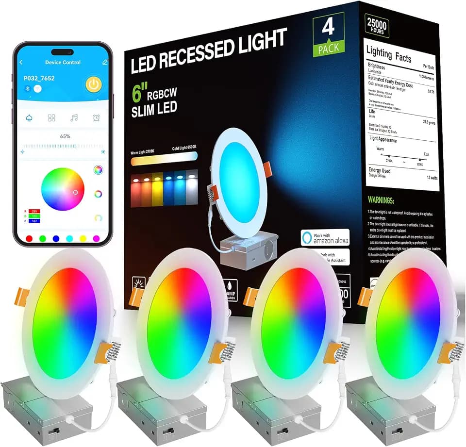 DAYBETTER Smart Recessed Lighting 6 Inch, 1100LM, RGBCW LED Downlight,4Pack