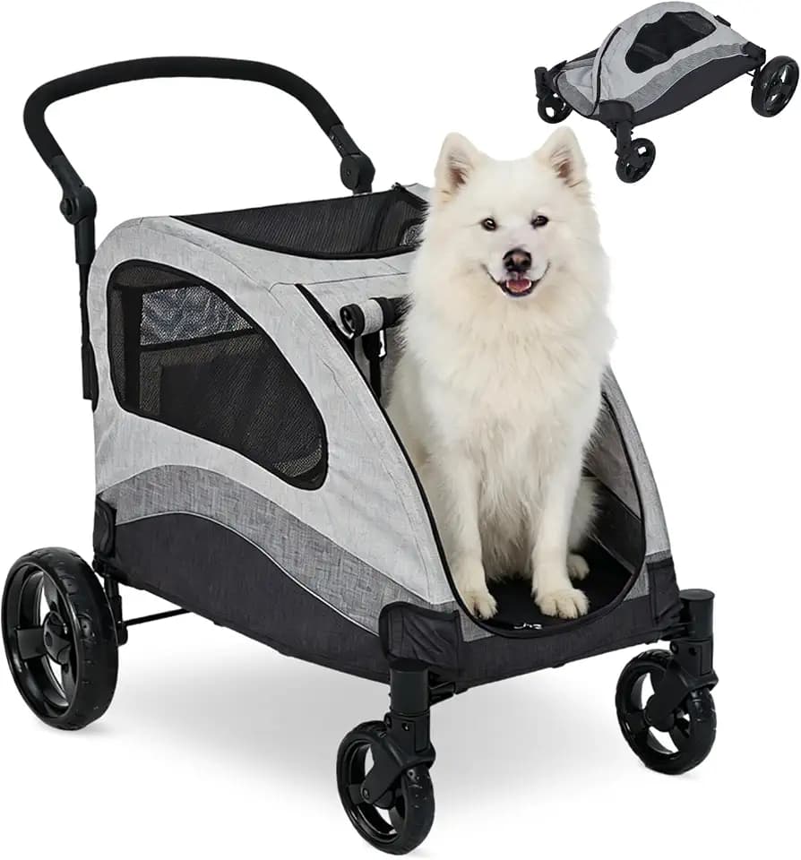 Up to 88lbs Large Dog Stroller with Shock Absorbing Wheels, Heavy Duty Foldable Pet Carriage for Travel, Removable Washable Pad & Storage Bag