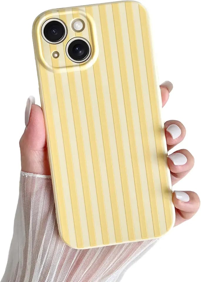 Skyseaco for iPhone 14 Case Cute Aesthetic Striped Phone Case for Women Girl Trendy Soft TPU Slim Shockproof Full Camera Protection Cover, Yellow