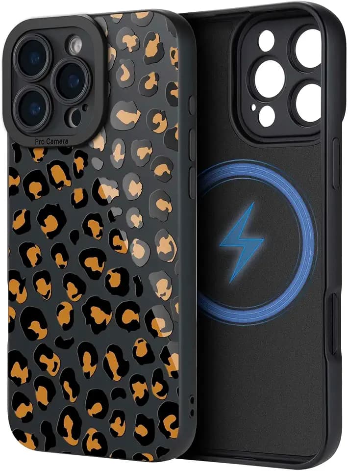 Case for iPhone 15 Pro Max [Compatible with MagSafe] Built in Magnetic Cute Girly Sleek Boho Aesthetic Style Design for Women Girls Brown Animal Leopard Print Soft TPU Protective Shockproof Mate Black