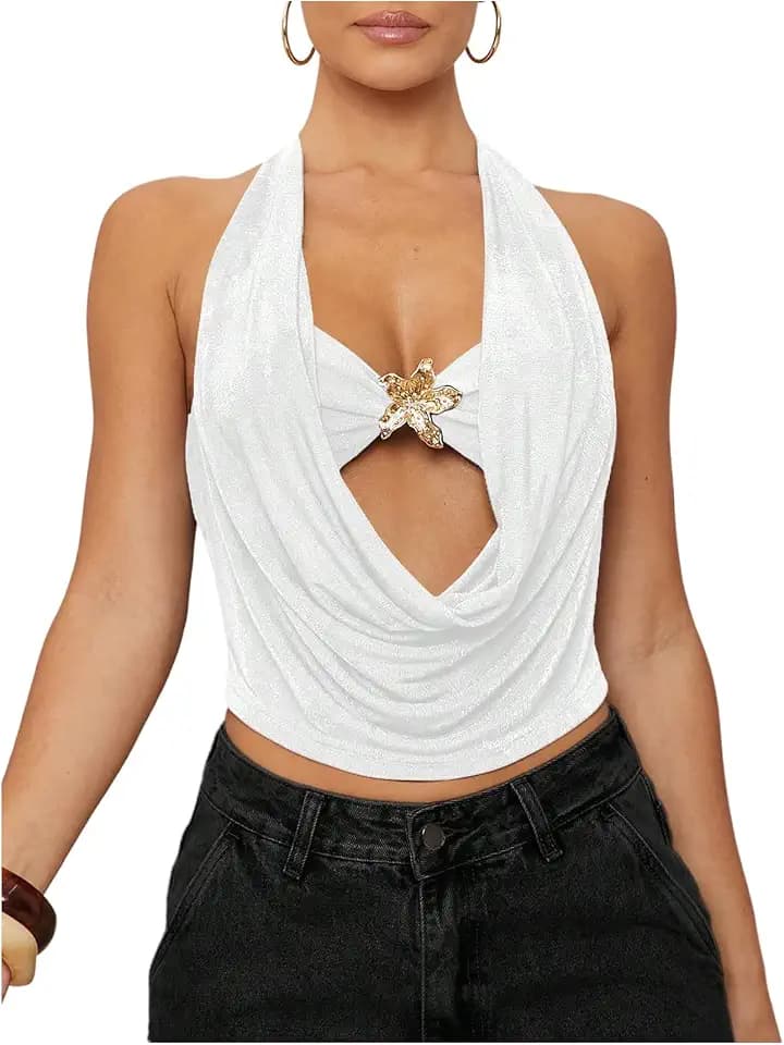 SOLY HUX Women's Cut Out Draped Front Tie Backless Halter Crop Tank Tops