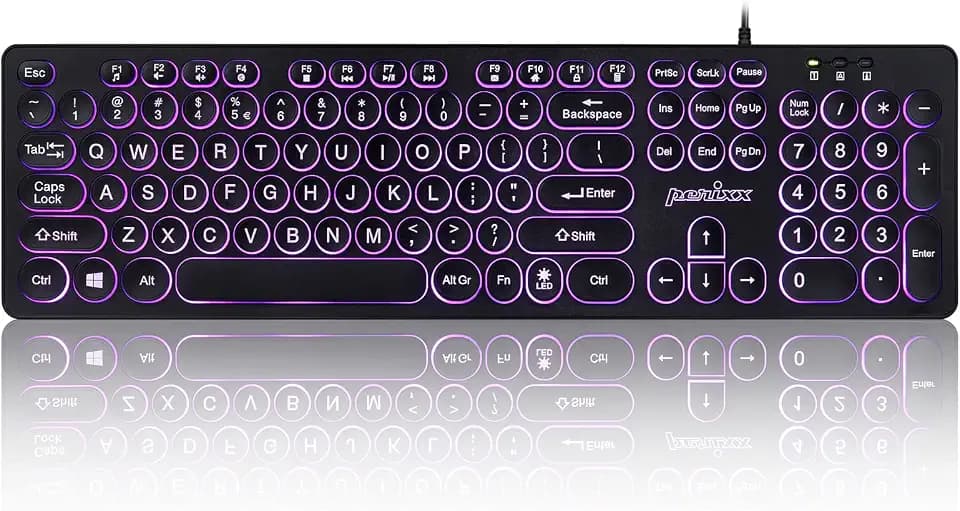 Perixx PERIBOARD-317R Wired Backlit USB Keyboard - Big Print Letter - Tri-Color Illuminated LED - Stylish Round Keycaps - US English