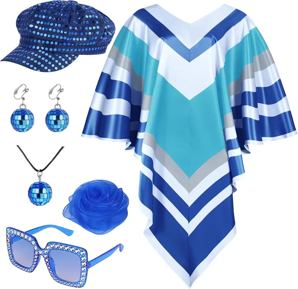 AOOWU 7 Stück 70er Disco Kostüm Damen, Retro 1970er Poncho Set