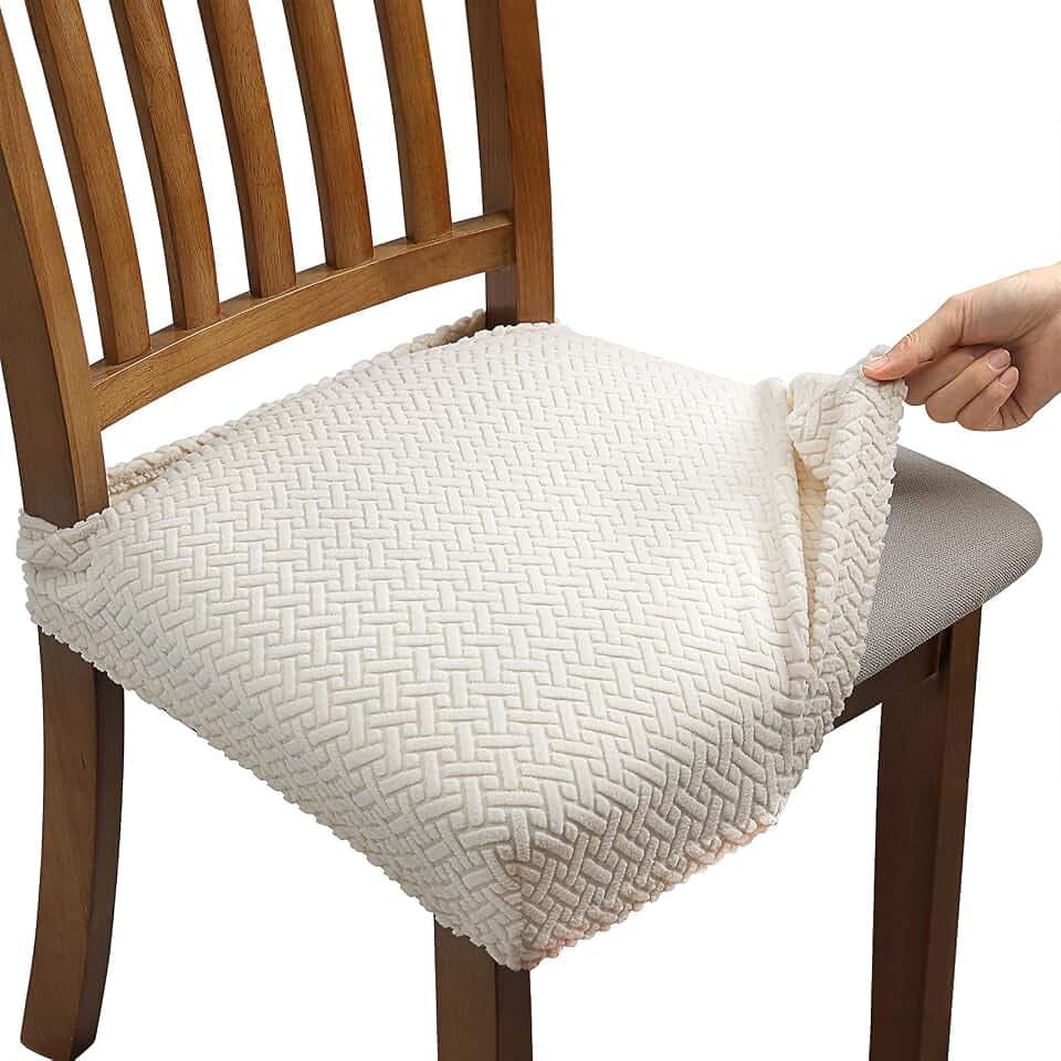 Fuloon Stuhlbezug Sitzfläche 6er Set, Stretch Stuhl Sitzbezüge für Esszimmer, Abnehmbare Waschbar Bezug für Stühle Stuhlhussen für Bankett, Party, Hotel (Beige, 6)