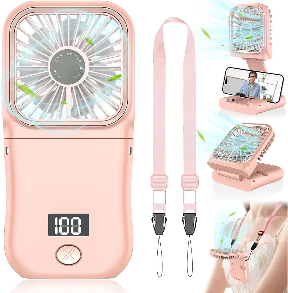 Kouric Mini Handventilator Akku aufladbar 3 Geschwindigkeiten, Klappbar Portable Fan-180°schwenkbar mit 4000mAh (8 Stunden) & LED Display, USB-C, als Powerbank & Handyhalter Rosa