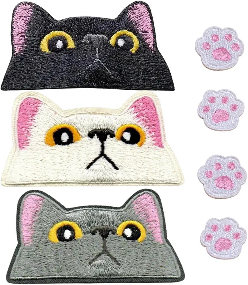 3 Stück Katzenstickerei-Patches mit 4 Katzenpfoten Aufnähern, kleine Katzen-Patches, Kleidungskatzen-Patches, Jeans-Patches; Farben: schwarz, weiß und grau