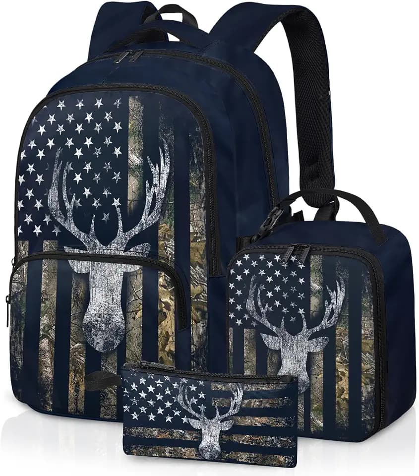 Camo Deer Backpack for Boys, Hunting Boys Backpack with Lunch Box