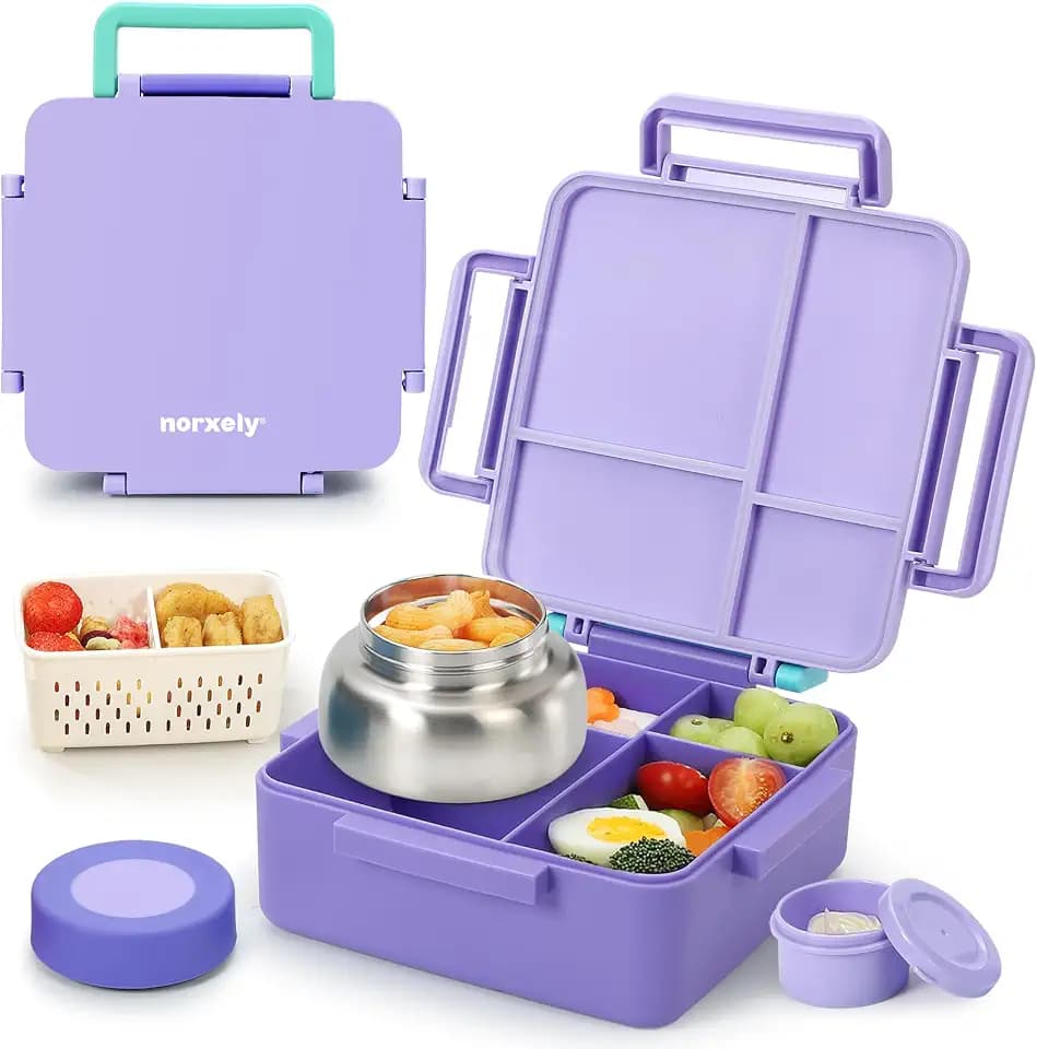 Bento Box for Kids with Thermos, [Large Capacity] Insulated Lunch Box Kids with 4 Compartment for Ages 3+, Drop-Proof & Dishwasher Safe Lunchbox Container Purple