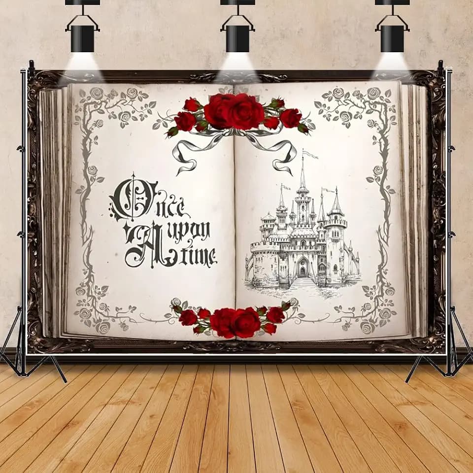Leowefowa 8x6ft Once Upon a Time Backdrop for Photography Vintage Fairy Tale Books Opening Background Ancient Castle Red Rose Floral Romantic Story Birthday Wedding Party Banner Decor Studio Prop