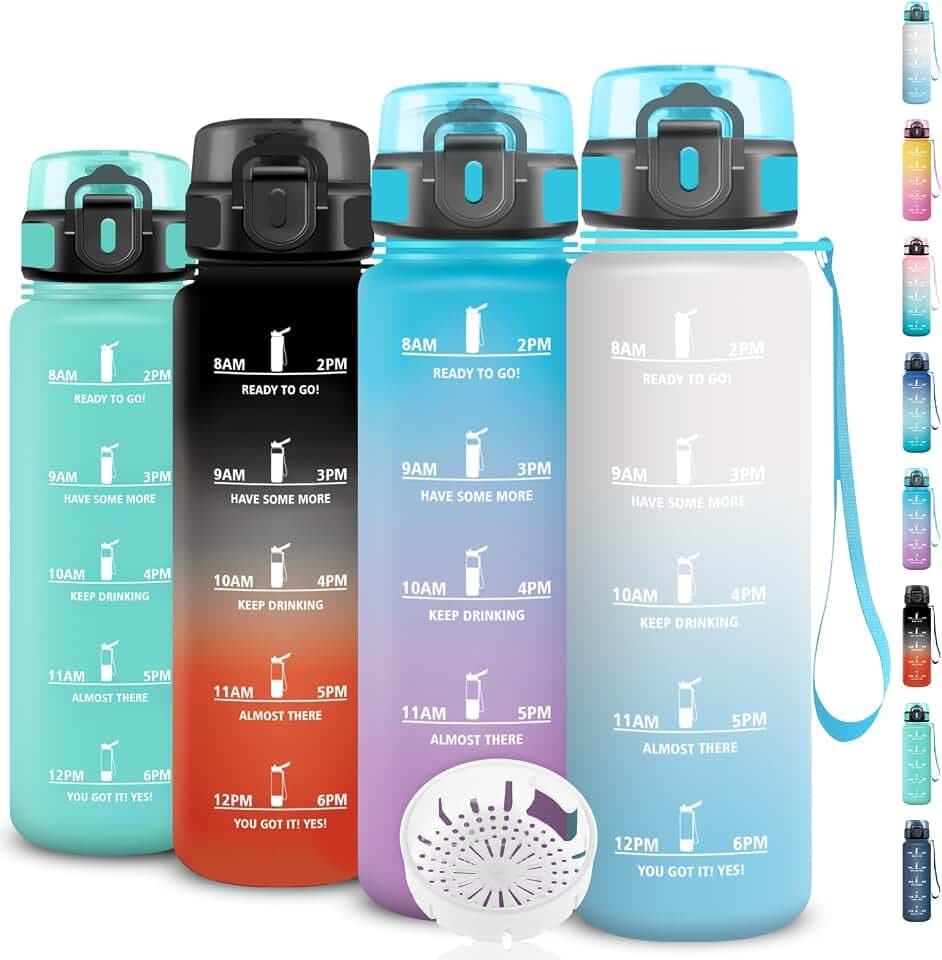 Trinkflasche 1l, Trinkflaschen 1l Kohlensäure Geeignet, Wasserflasche Auslaufsicher, Wasserflasche mit Zeitmarkierung und Filter, Leicht zu Reinigen, Trinkflasche Sport für Reisen, Büro, Outdoor
