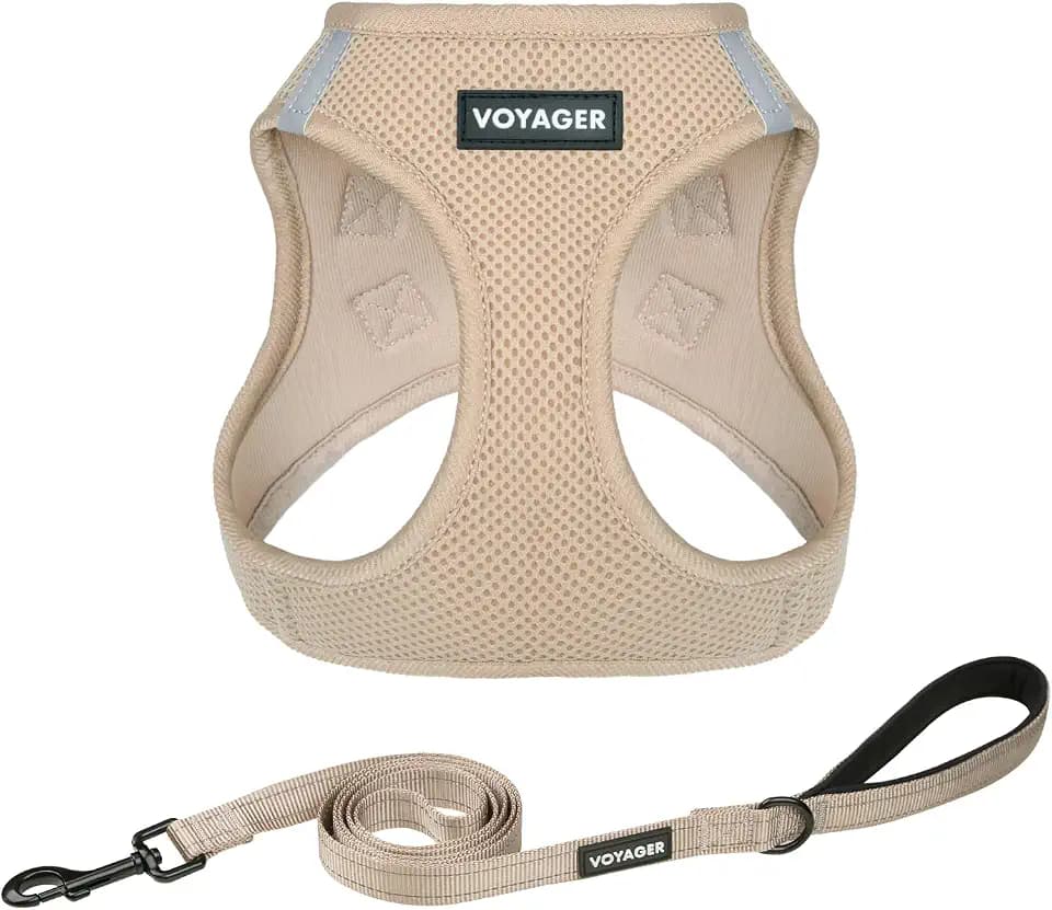 Best Pet Supplies Voyager Step-in Air All Weather Mesh Harness and Reflective Dog 5ft Leash Combo with Neoprene Handle, for Small, Medium and Large Breed Puppies - Khaki, S