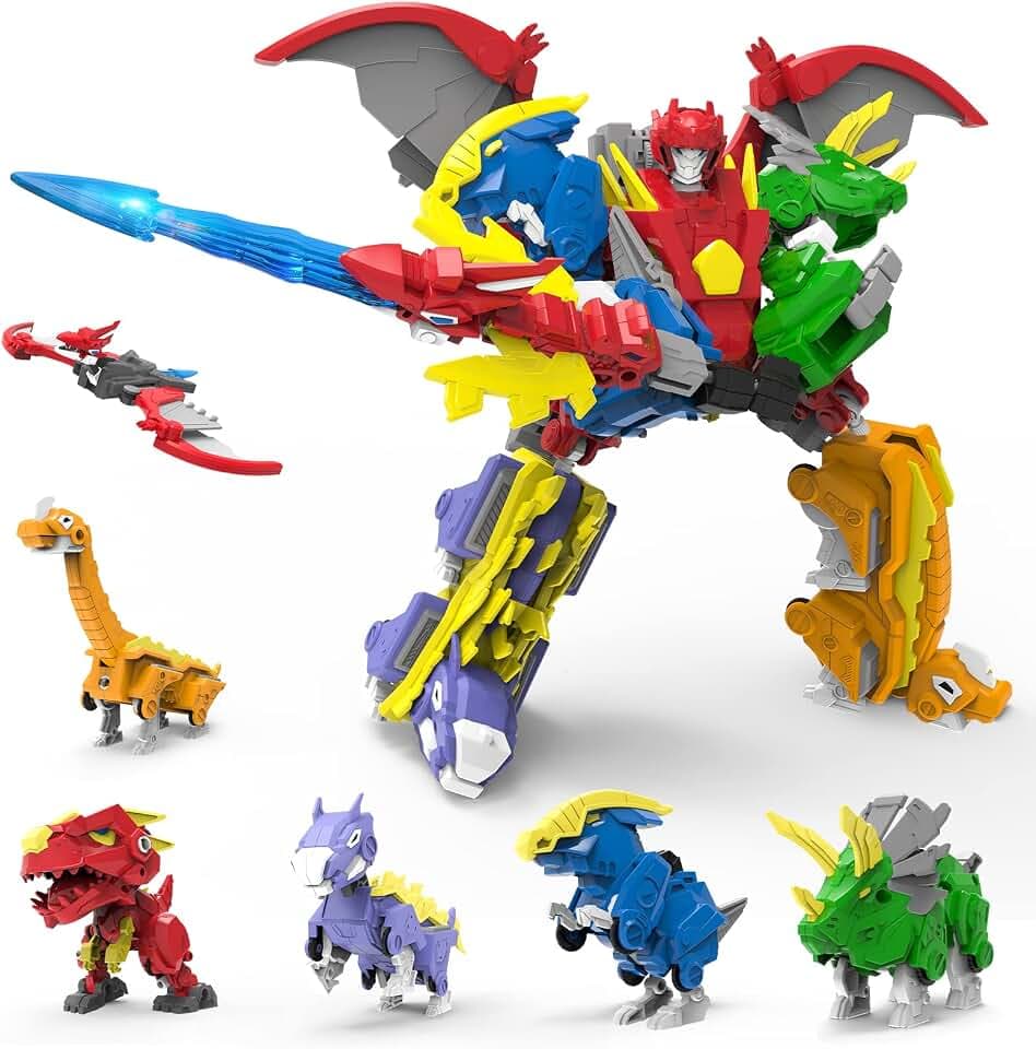 Dinosaur Deformation Toys, 6-in-1 Take Apart Action Figures Transform into Robot, Ideal for Boys & Girls Ages 6 7 8 9 10