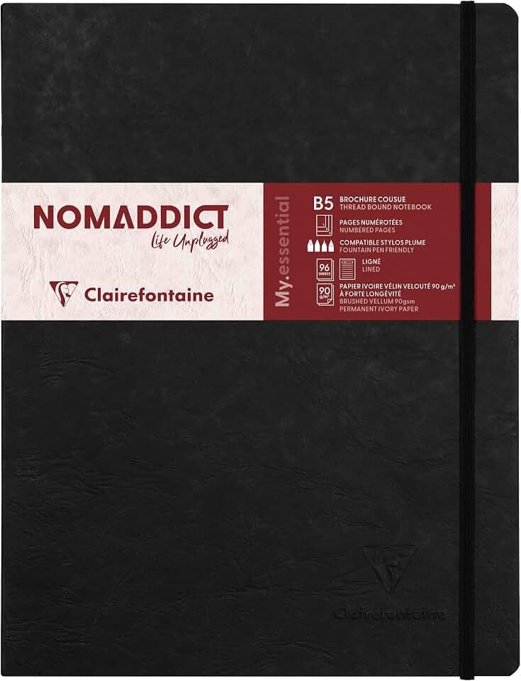 Clairefontaine 794461C - Notizbuch My.Essential Age Bag, Format B5 (19x25 cm), mit Fadenbindung, 96 Blatt nummeriert, liniert, Papier elfenbein 90g, Schwarz, 1 Stück