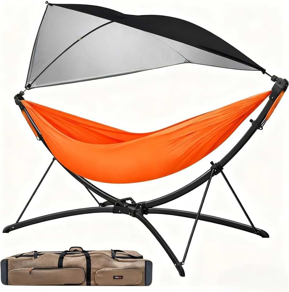 Portable Outdoor Hammock with Quick-Fold Stand,Adjustable Sunshade,Waterproof & UV-Resistant,Heavy-Duty 550lb Capacity,Travel 2-Person Hammock with Storage Bag for Camping,Backyard,Beach,Patio,Indoor