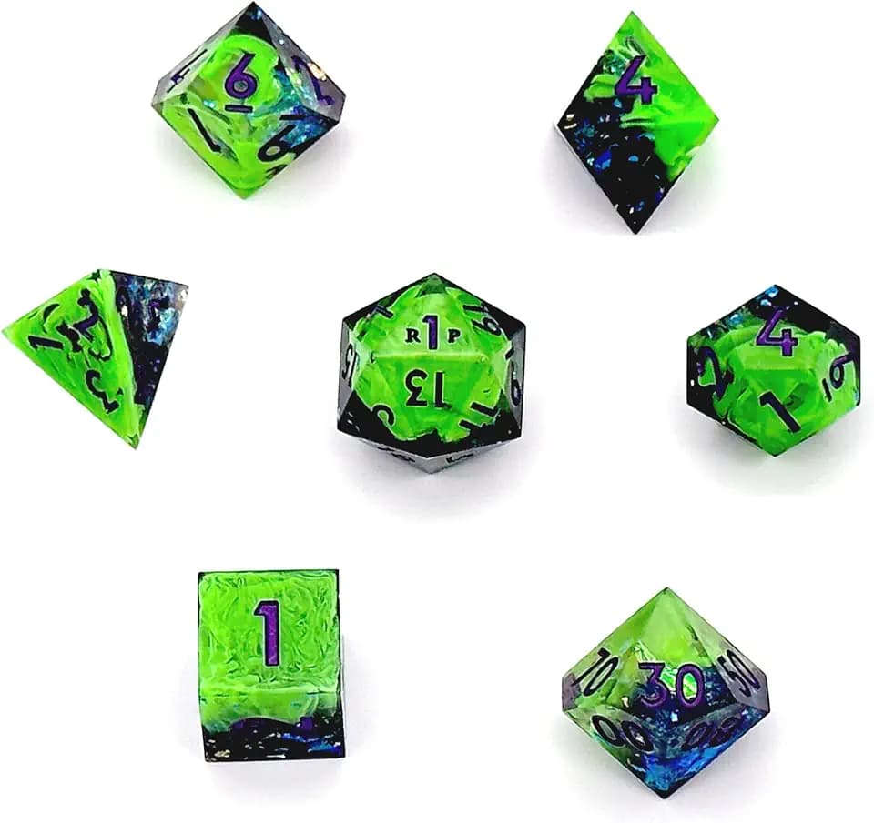 Rollacrit Sharp Edge Resin Dice Set, Tasha’s Green Mist - 7 Piece Custom RPG Polyhedral Dice