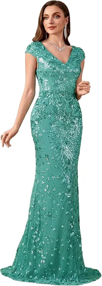 Womens Sequined Long Evening Gown Glitter Short Sleeve V-Neck Mermaid Evening Dress for Party Or As Wedding Guest