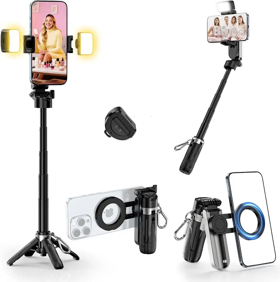 CloudValley Magnetisches Mini Selfie Stick Stativ mit 2 Lichtern, 4-in-1 Tragbares Handy Stativ mit 360° Rotation, Abnehmbare Bluetooth Fernbedienung, Faltbarer Griff für iPhone Android Vlog/Foto