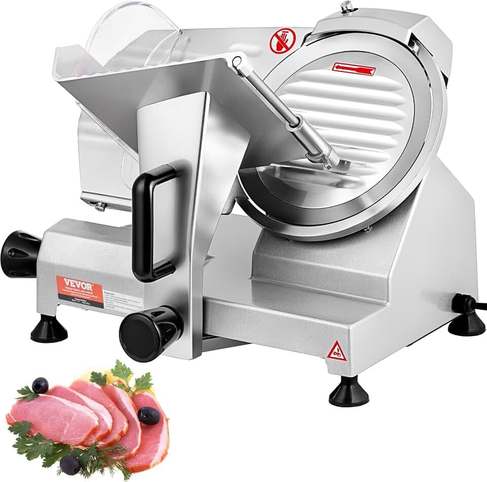 VEVOR Kommerzieller Fleisch Allesschneider 200 W, Elektrische Aufschnittmaschine Lebensmittelschneider mit 20,32 cm-Kohlenstoffstahlklinge, 0–12 mm Einstellbare Dicke für Fleisch, Käse usw.