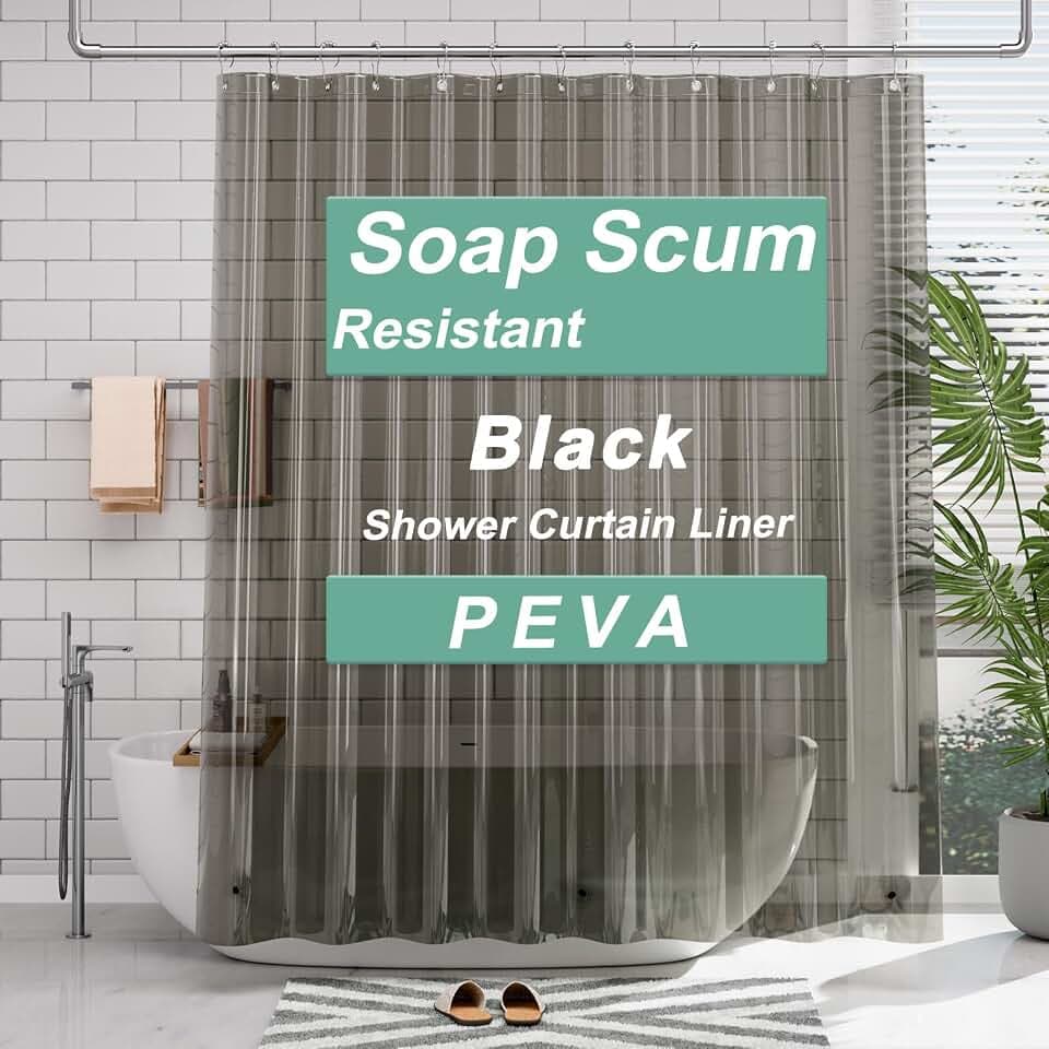 AmazerBath Transparent Black Shower Curtain Liner, 72x72 Shower Liner, Lightweight Plastic Shower Curtain Liners, Cute Waterproof Shower Liner for Bathroom with 3 Magnets and 12 Grommet Holes