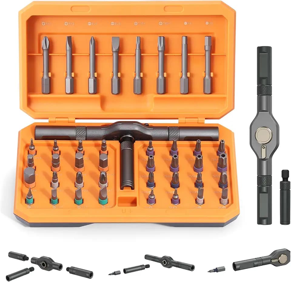 42 IN 1 Magnetischer Schraubendreher Set mit eingebaute hochpräzise Ratschenmechanismus verringert die Ermüdung der Hand, Abnehmbare Bohrerdesign, Ideal für enge Arbeitsbereiche, 40 Bits, Orange