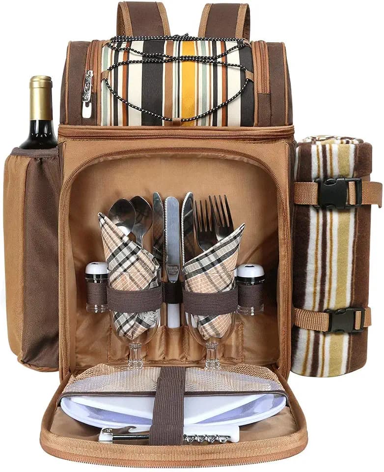 Hap Tim Picknick-Rucksack-Kühler für 2 Personen mit isolierter auslaufsicherer Kühltasche, Weinhalter, Fleece-Decke, Besteck-Set, perfekt für Strand, Tagesreisen, Wandern, Camping,(EU-36083)