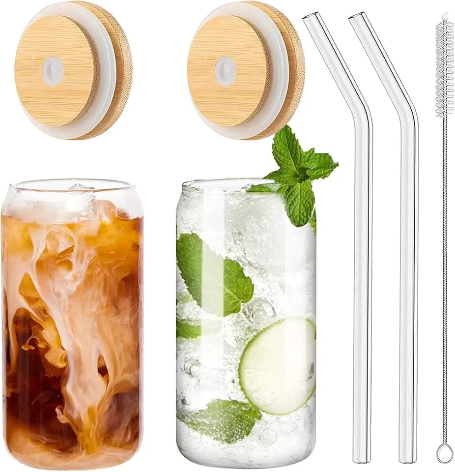 Panngu Bubble Tea Becher mit Deckel und Strohhalm 2er Set, Trinkgläser mit Bambusdeckel und Glasstrohhalm Eiskaffee Gläser für Ice Coffee, Cocktail, Smoothie Glas, Beer, Cold Cups 480ML