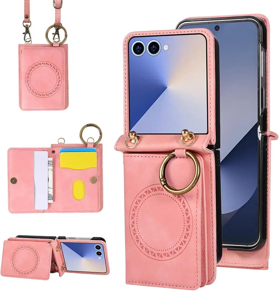 Asuwish Compatible with Samsung Galaxy Z Flip 7 5G Wallet Case and Crossbody Shoulder Strap Ring Buckle Stand Card Holder Magnetic Car Mount Phone Cover for ZFlip 7Z Z7 G Flip7 ZFlip7 Women Men Pink
